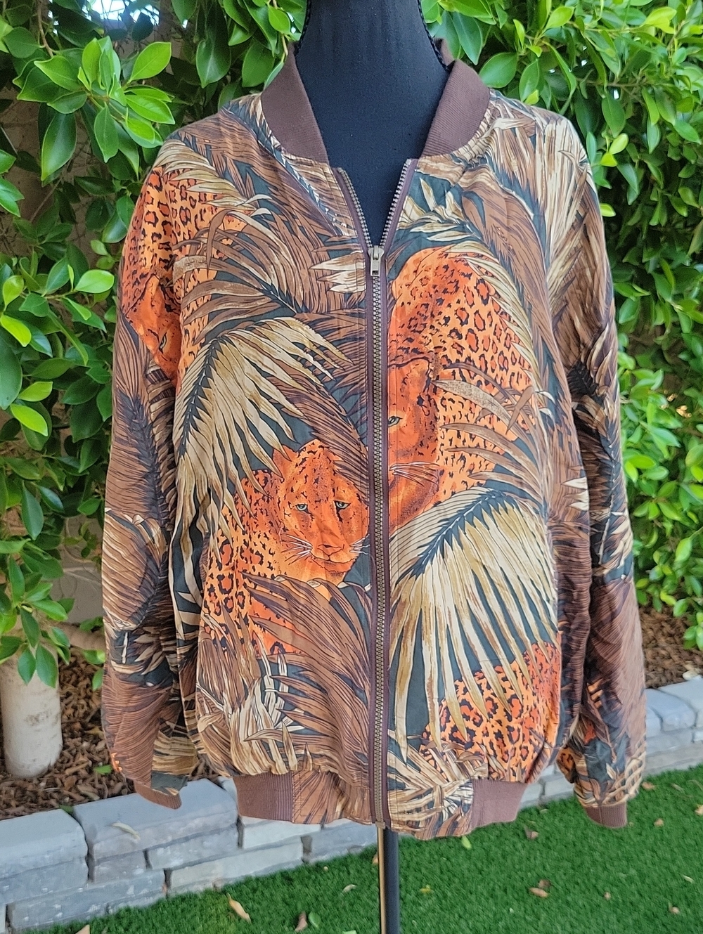 Vintage 80s 90s Atlantic Beach 100% Silk Jungle Leopard Print Bomber Jacket L